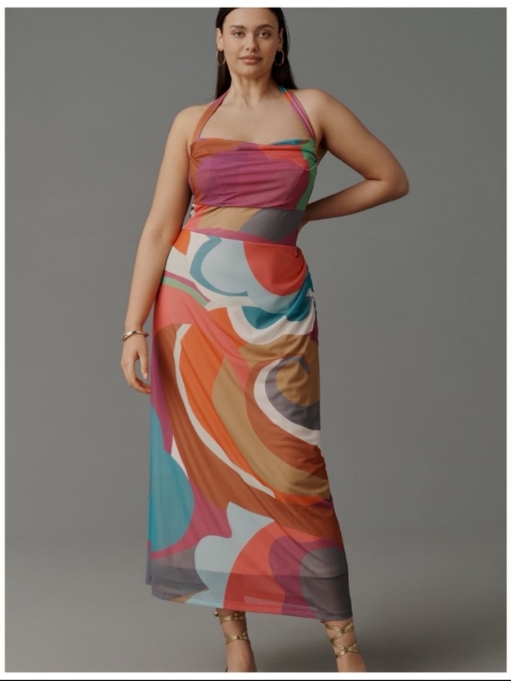 NWT Anthropologie Square-Neck Halter Colorful Midi Dress